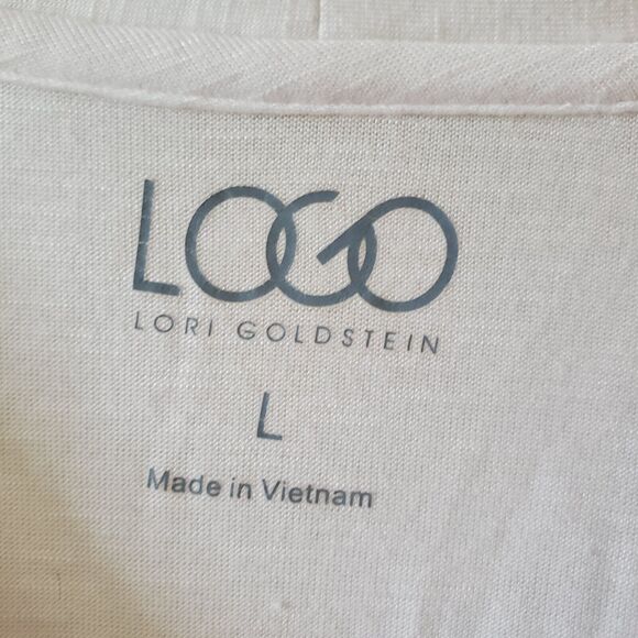 Logo Womans Blouse Ivory Rayon Solid Tunic Pockets Button Up Gray Lace Trim Sz L - Picture 2 of 12